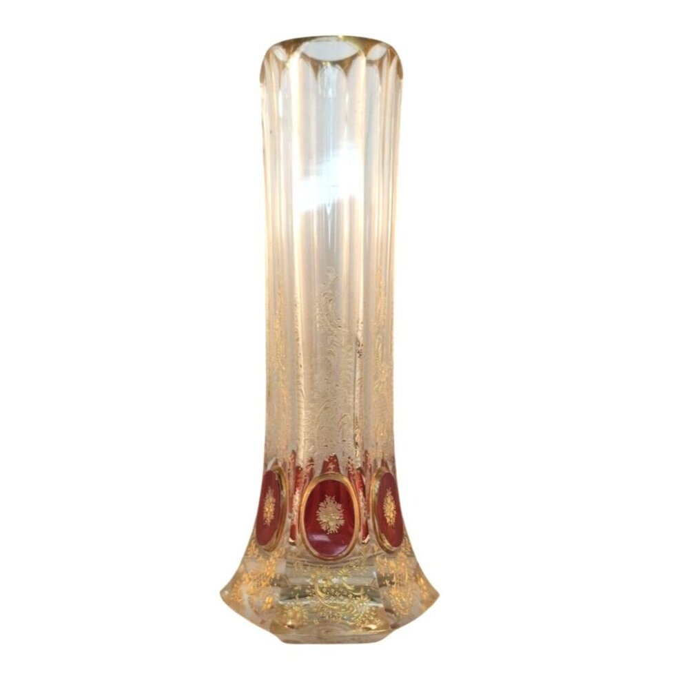 Antique Bohemian Crystal Bud Vase Clear Red Gold Etched Floral Design 9.75" Tall